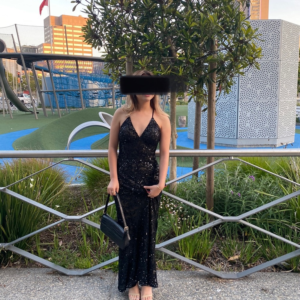 Scala Black fully embellished vneck backless death dress. Size 2 style# 47542